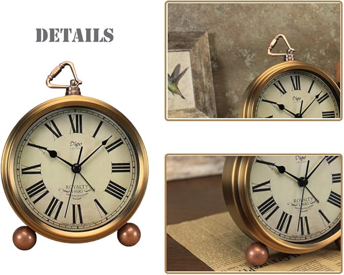 Maxspace Metal Golden Table Clock, Retro Vintage Non-Ticking Small Alarm Clock,Battery Operated Silent Quartz Movement HD Glass Desk Clock for Bedroom Living Room Indoor Decoration Kids?€? (Roman2)