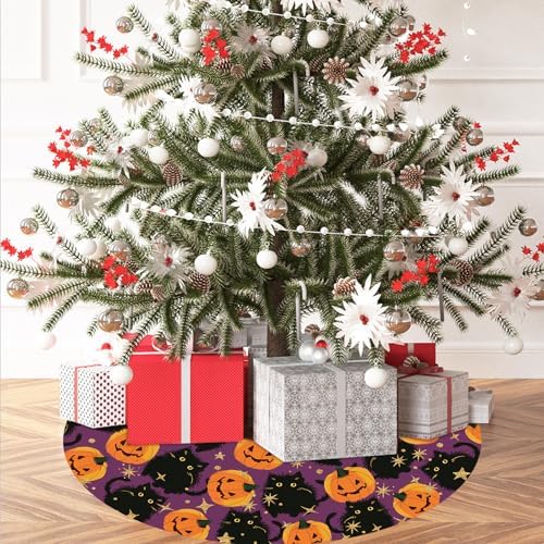 GAGEC Halloween Tree Skirt Purple Tree Skirt Black Cat Pumpkins Tree Decor 36inch Decor for Halloween Christmas Indoor Outdoor Decorations - Image 2