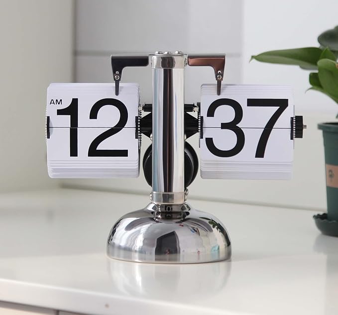 Flip Clock,Retro Flip Clock Mechanical Digital Desk Clocks Auto Internal Gear Operated Flipping Down Clocks Numbers Battery Powered for Home Office Décor White