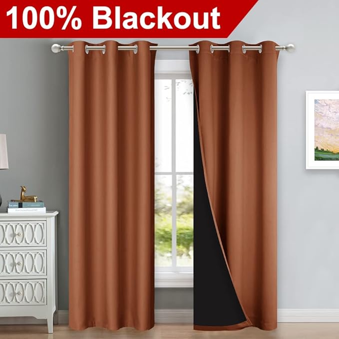 NICETOWN Burnt Orange Blackout Curtains 84 inches Long, Full Light Blocking Drapes with Black Liner for Nursery, Thermal Insulated Draperies for Hall, Villa (2 Pieces, 42" Wide Each Panel)