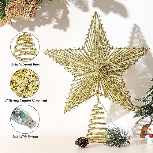 Lewondr Lighted Christmas Star Tree Topper with Remote & Timer, Shiny Gold - Image 6