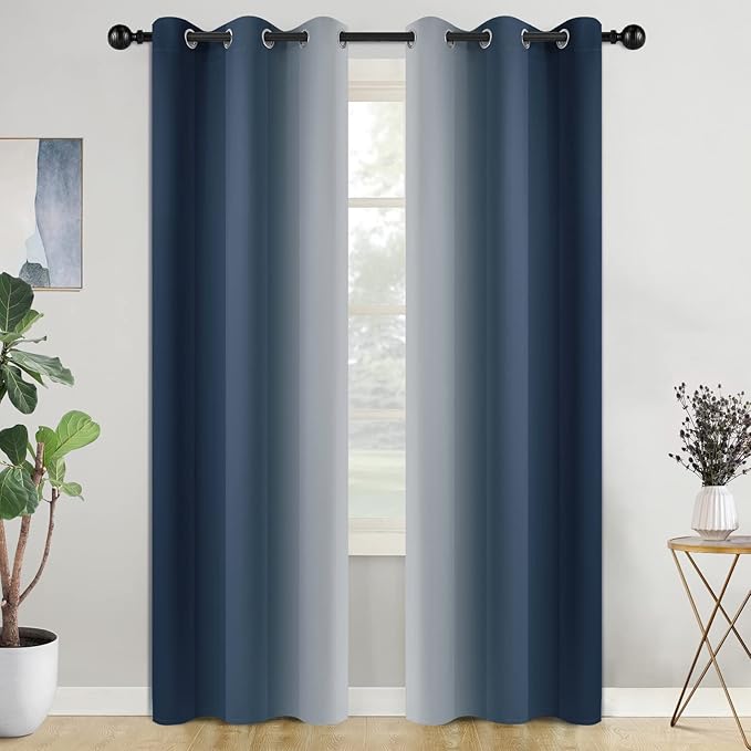 COSVIYA Grommet Ombre Room Darkening Curtains 84 inch Length, Navy Blue and Greyish White Gradient Drapes Light Blocking Insulated Thermal Window Curtains for Bedroom/Living Room,2 Panels,42x84 inches