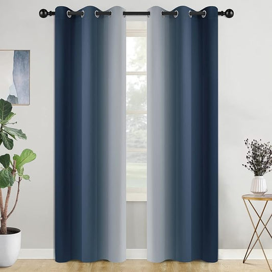 COSVIYA Grommet Ombre Room Darkening Curtains 84 inch Length, Navy Blue and Greyish White Gradient Drapes Light Blocking Insulated Thermal Window Curtains for Bedroom/Living Room,2 Panels,42x84 inches