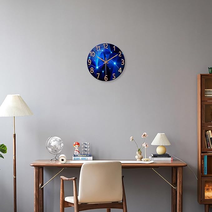 Blue Wall Clock Battery Operated 16 Inch Analog Glass Wall Clock Non Ticking Large Wall Clocks for Living Room Decor