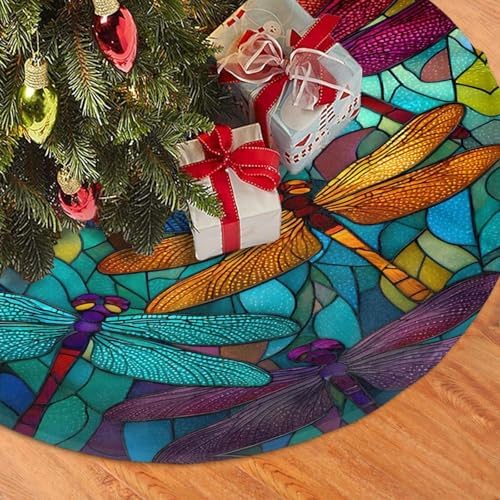 Christmas Tree Skirt, Summer Colorful Dragonfly Xmas Large Tree Mat, New Year Festive Holiday Party Decorations 30" inches - Image 3