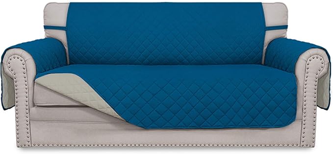 Easy-Going Sofa Slipcover Reversible Loveseat Sofa Cover Couch Cover for 2 Cushion Couch Furniture Protector with Elastic Straps for Pets Kids Dog Cat (Oversized Loveseat, PeacockBlue/Beige)