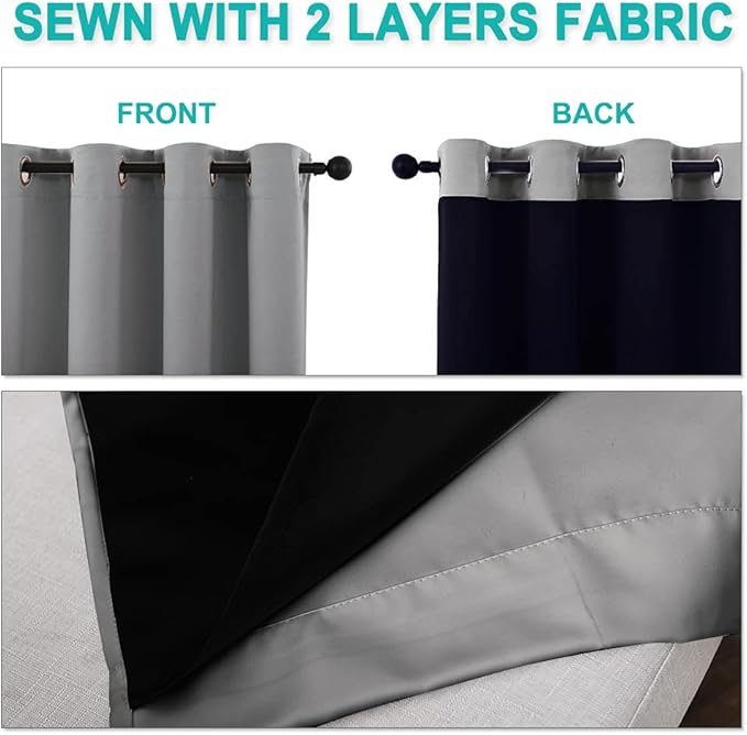 NICETOWN 100% Blackout Curtains with Black Liners, Thermal Insulated Full Blackout 2-Layer Lined Drapes, Energy Efficiency Window Draperies for Bedroom (Silver Grey, 2 Panels, 55-inch W by 68-inch L)