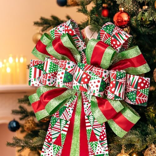 WRAPAHOLIC Large Christmas Tree Topper Bow - 13 x 52 Inch Red and Green Christmas Tree Topper Ribbon Bow Wreath Bows with Wired Edge for Xmas Ornament Indoor Outdoor Decoration - Image 3