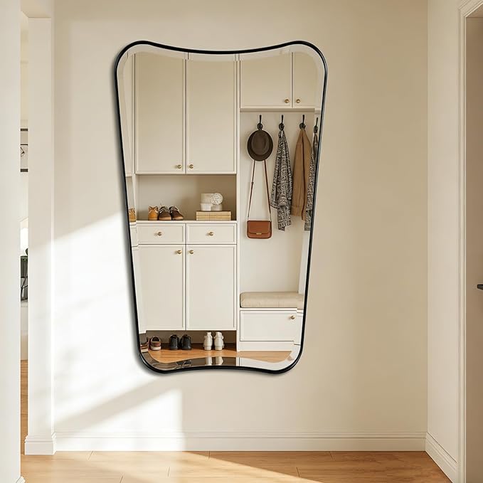 POZINO Irregular Beveled Mirror, 24"x40" Bathroom Vanity Mirrors for Over Sink, Butterfly Shape Aesthetic Mirrors Decorative, Matte Black Modern Wall Mirror for Living Room Bedroom Fireplace Entryway
