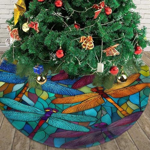 Christmas Tree Skirt, Summer Colorful Dragonfly Xmas Large Tree Mat, New Year Festive Holiday Party Decorations 30" inches - Image 4