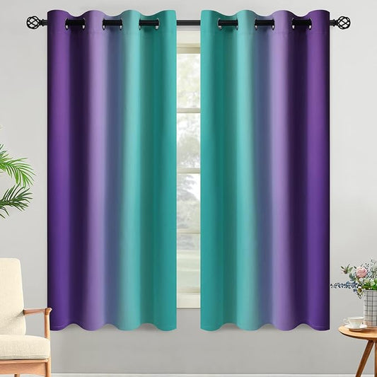 Yakamok Ombre Teal and Purple Curtains for Bedroom, Gradient Room Darkening Curtains, Grommet Thermal Insulated Light Blocking Window Drapes/Curtain for Living Room,52 x 63 Inch,2 Panels