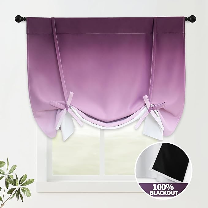 COSVIYA 100% Blackout Thermal Insulated Curtains 42x63 Inch - Ombre Purple Tie-Up Balloon Roman Shade, Adjustable Room Darkening Valance with Rod Pocket for Small Windows (1 Panel)