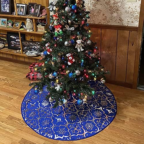 Christmas Tree Skirt, 48 inches Large Red Flannel Tree Mat with Gilded Christmas Patterns Skirt for Xmas Tree Holiday Party Decorations Indoor Outdoor with 1 Christmas Stocking (Blue) - Image 5