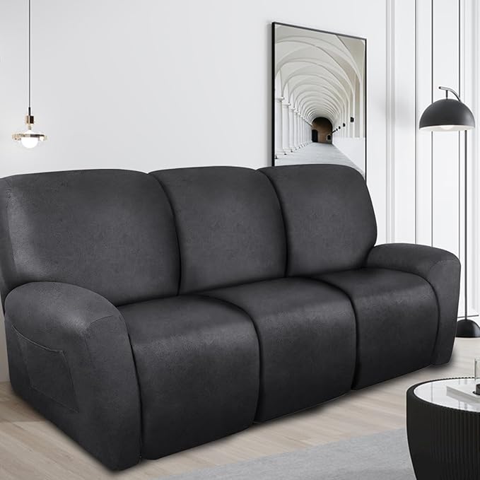 ANARACHON Recliner Couch Cover Leather Look Recliner Sofa Covers for 3 Cushion Reclining Sofa Slipcovers 8-Pieces Furniture Protector Spandex Fabric Washable (3 Seater, 01 Dark Gray)