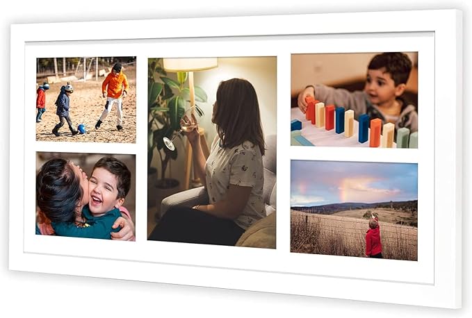Golden State Art, Set of 6, 12x24 White Wood Picture Frame - White Mat for 8x10 And 5x7 Photos - Tempered Glass, Sawtooth Hanger, Swivel Tabs - Wall Mounting - Great for Gift