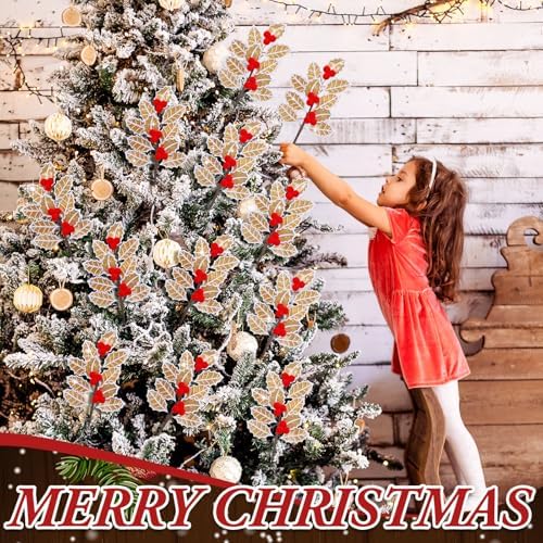 Janinka 8 Pcs Christmas Gingerbread Poinsettia Picks Tree Topper Picks with Berries Gingerbread Poinsettia Flower with Gold Glitter 11.8 Inches Christmas Tree Ornaments for Xmas Home Vase Decor - Image 3