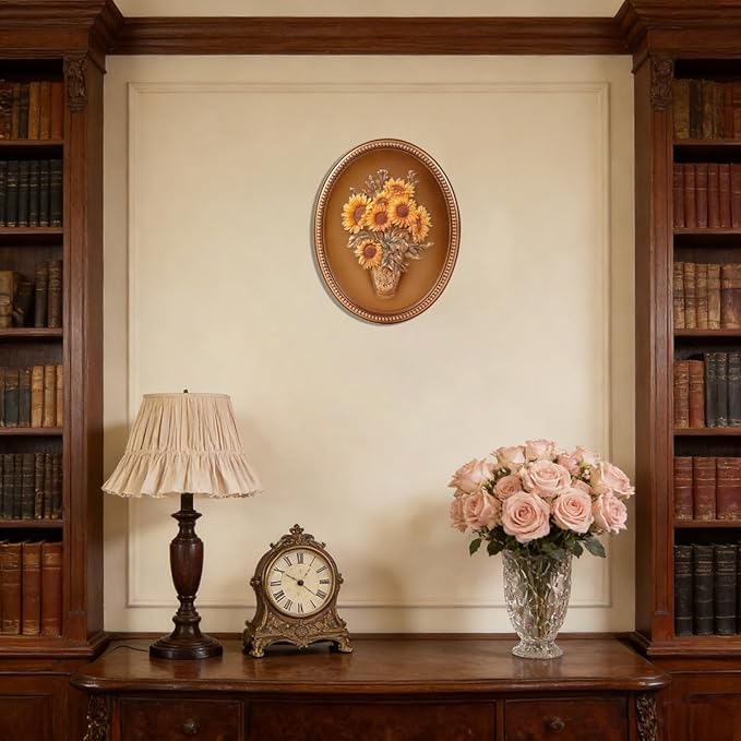 SIKOO Vintage Wall Sculptures Bronze Gold Sunflower Wall Art Hand Painted Ornate Wall Hanging Decoration Antique Pediment Wall Statue Ornament Decor Gallery for Kitchen Bedroom Living Room