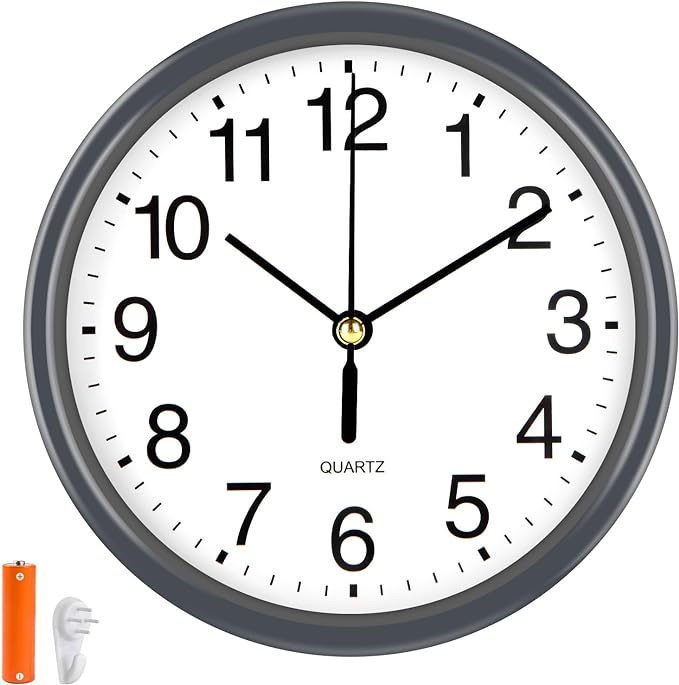 Silent Wall Clock Non Ticking, 6 Inch Wall Clocks Battery Operated, Small Analog Clock for Bedroom Home Office Kitchen Bathroom School, Easy to Read(Gray)
