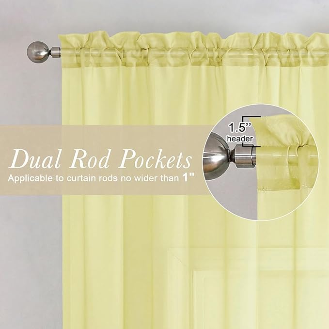 Lecloud Goose Yellow Sheer Curtains 63 Inch Length 2 Panels, Light Filtering Voile Bedroom Curtains with Rod Pocket, Airy Farmhouse Window Drapes for Living Room Dining Room, Each Panel 42" W x 63" L