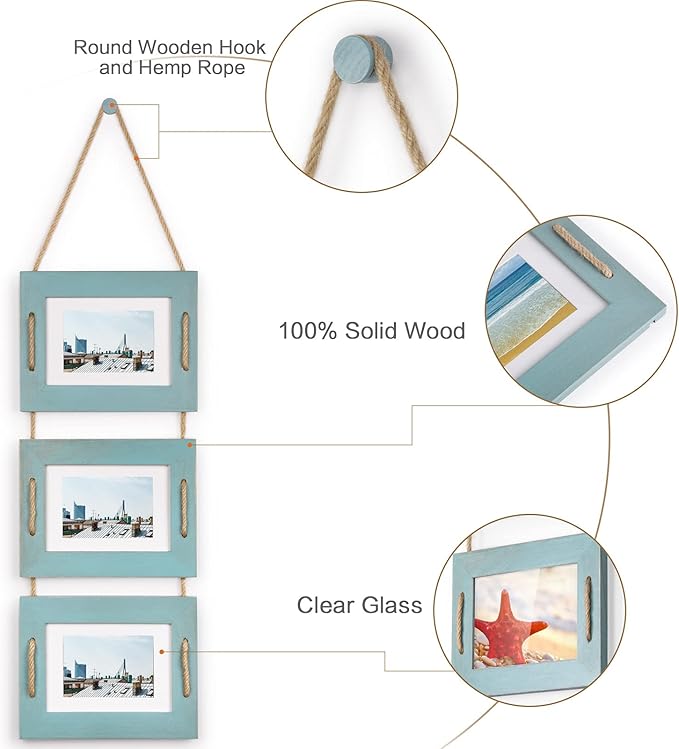 DLQuarts 5x7 Hanging Picture Frames Collage Wall Decor, 3-Opening Photo Frames 5x7 without Mat & 3.5x5 with Mat, Rustic Wood 3 Photo Frames, Ocean Blue