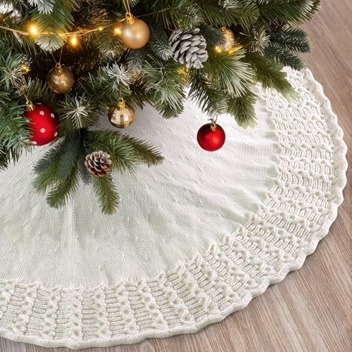 Christmas Tree Skirt 48 Inch Knitted Xmas Tree Skirt Cable Knit Tree Skirt Christmas Tree Decorations for Farmhouse Xmas Holiday Home Party (White, 48in) by SOMYTING