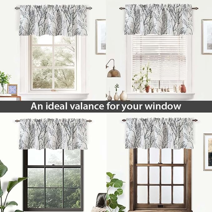 DriftAway Tree Branch Linen Lined Valance Double Layer Thermal Insulated Room Darkening Blackout Valances 3 Inch Rod Pocket Short Window Valance for Living Room Bathroom 52 Inch by 18 Inch Gray