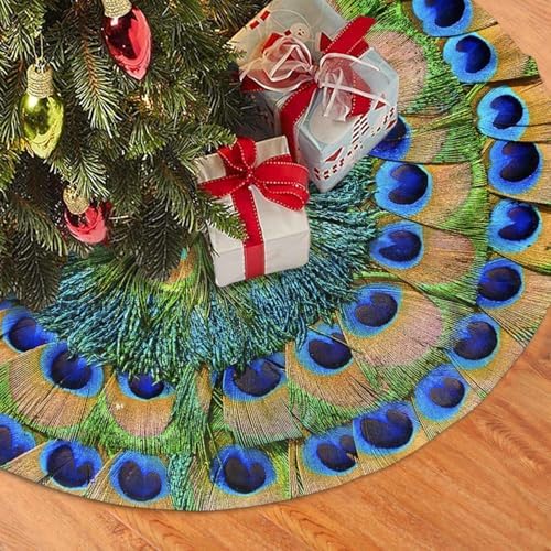 Peacock Feathers Circle Christmas Tree Skirt 36" for Xmas Halloween New Year Holiday Party Home Tree Mat Decor Ornaments Decoration - Image 3