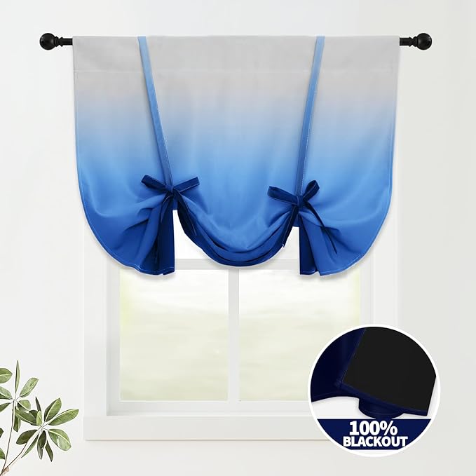 COSVIYA 100% Blackout Ombre Blue Adjustable Tie Up Curtains for Kitchen Thermal Insulated Room Darkening Valance Rod Pocket Balloon Roman Shade for Small Window,48" L x 34" W, 1 Panel