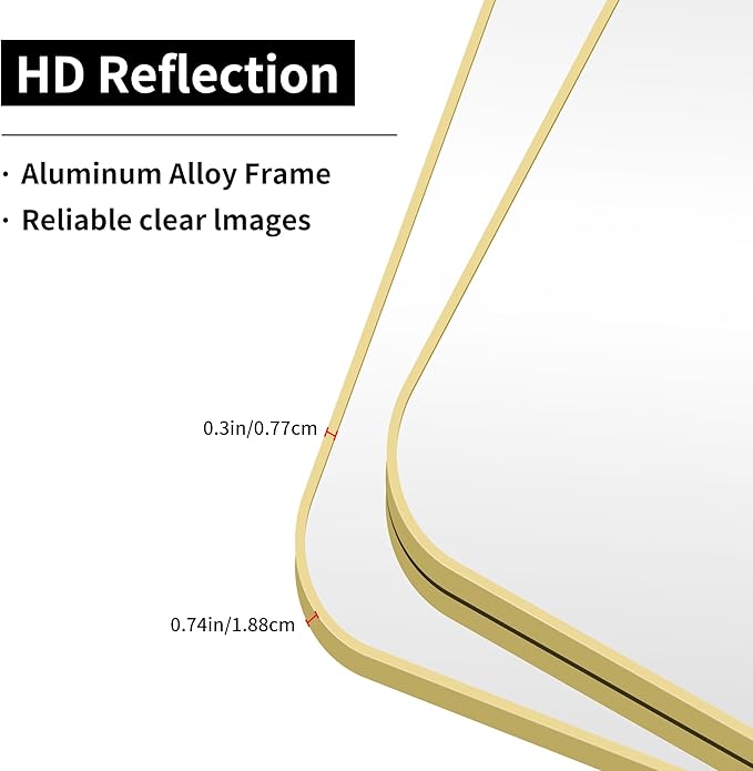 30"x60" Gold Bathroom Mirror, Large Rectangle Mirror, Rectangular Wall Mirror, Rounded Corner Vanity Mirror with Aluminum Metal Frame for Bathroom Bedroom Living Room