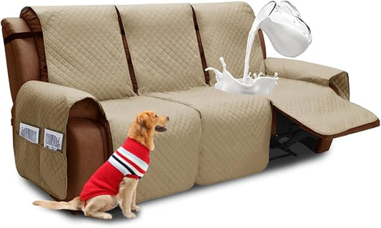 XINEAGE Water Resistant Recliner Cover, 3 Seat Sofa Covers with Pockets, Quilted Thick Protector Cover for Dog Pets with Non Slip Backing and Strap (Khaki)