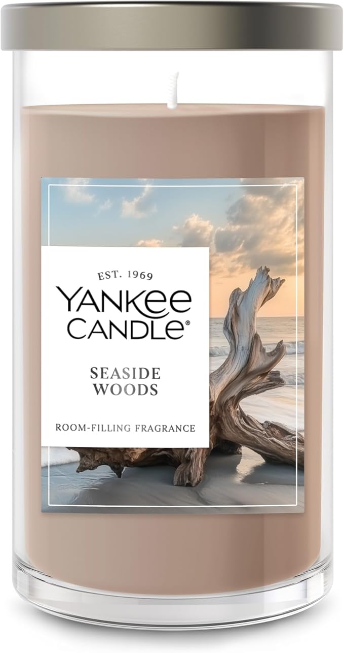 Yankee Candle Medium Pillar Scented Candle with up to 115 Hour Burn Time, Premium Plant Wax Blend for Consistent Burn, 14.25 oz Pillar Candle with Room Filling Fragrance, Seaside Woods