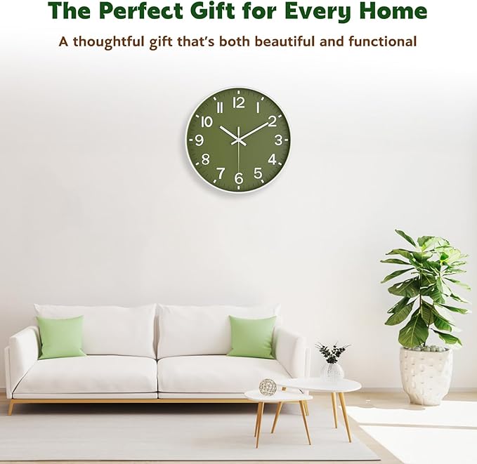 Silent Wall Clock Non-Ticking Battery Operated ?€? Modern Olive Green Analog Wall Clock for Living Room, Kitchen, Office, Bedroom ?€? Stylish Home Wall Decor Clock, 12 Inch