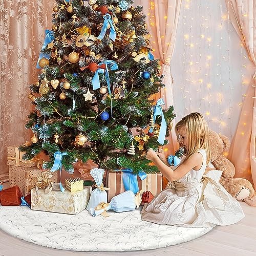 Dremisland Christmas Tree Skirt 36In White&Silver Tree Skirt with Snowflake - Image 2