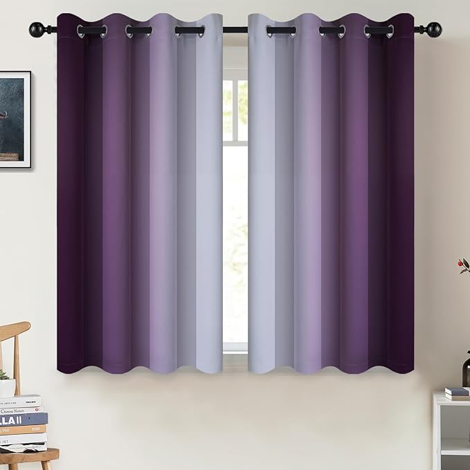 COSVIYA Blackout Curtains & Drapes Ombre Purple Curtains 45 inch Length 2 Panels,Room Darkening Light Blocking Grommet Gradient Insulated Thermal Window Curtains for Bedroom/Living Room,52x45 inches
