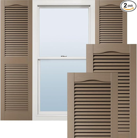 12"W x 67"H Lifetime Vinyl, Standard Cathedral Top Center Mullion, Open Louver Shutters, w/Installation Shutter-Lok's & Matching Screws (Per Pair), French Roast