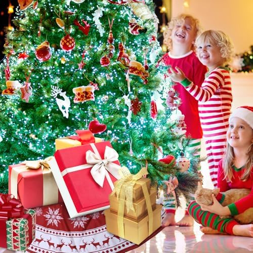Christmas Tree Skirt 48 inch Large Tree Skirt Snowflake Reindeer Red Xmas Tree Skirt Rustic Christmas Tree Mat Decorations for Winter New Year Holiday Party Decor Indoor Outdoor - Image 3