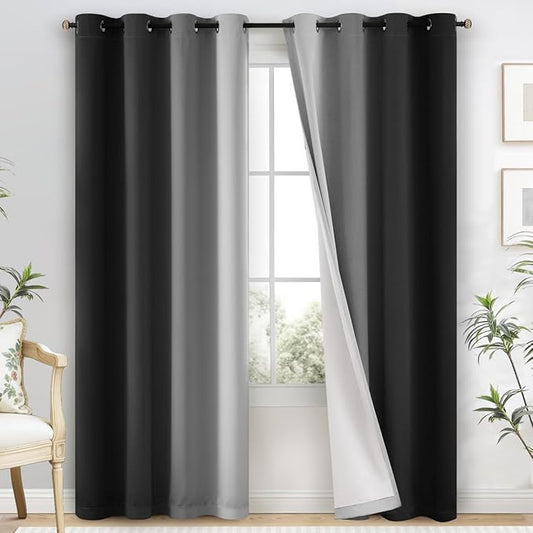 Yakamok 100% Blackout Curtains 84 Inch Length 2 Layers,Black Curtains for Bedroom Ombre Room Darkening Grommet Gradient Drapes, Light Blocking Thermal Insulated Window Curtains for Living Room