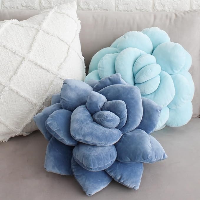 Green Philosophy Co. Succulent® Pillow 16" – Soft 3D Flower Shaped Throw Pillow, Smokey Blue Plush Succulent Pillow for Couch & Bedroom Decor, Cute Plant Lover Gift