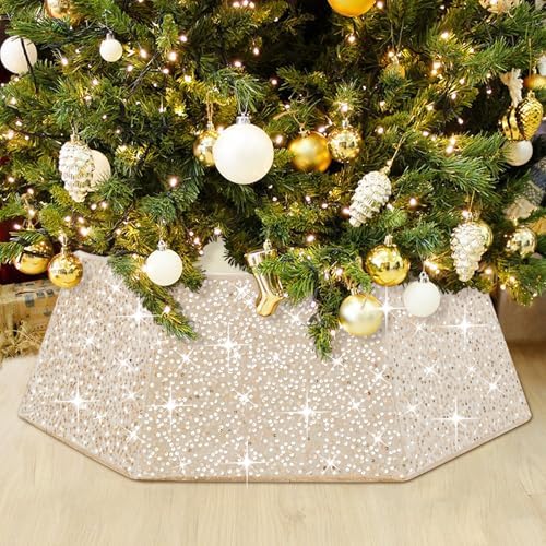 Champagne Gold Tree Collar 31.49 Inch Sequin Foldable Christmas Tree Ring Velvet Tree Skirt Cover for 9ft Xmas Pencil Tree Holiday Decor by LJIE-House
