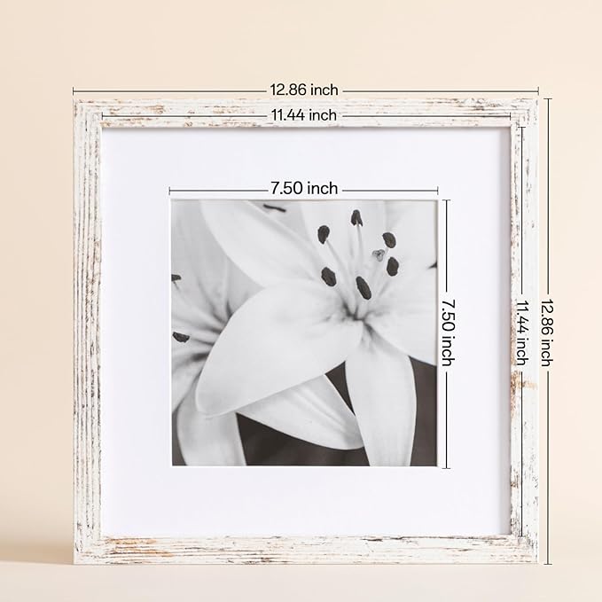eletecpro 12x12 Picture Frames Set of 9 with Mat for 8x8 Photos or without Mat for 12x12, Square Gallery Wall Decor Collage for Picture Display, Distressed White Frame Set for Wall Hanging