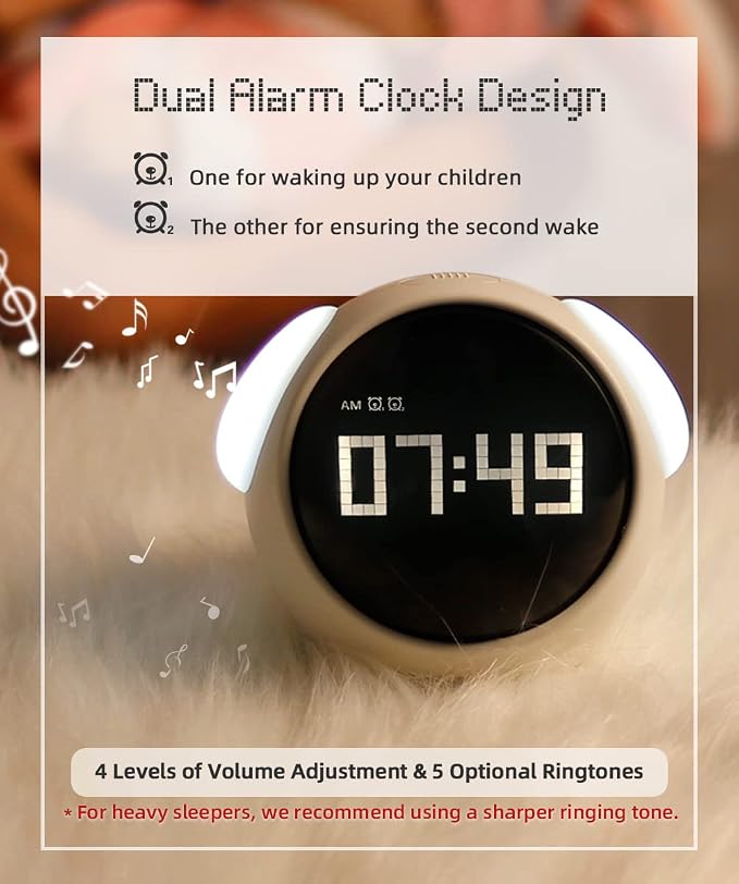 Kids Alarm Clock, Dual Alarm Setting, Adjustable Brightness Night Light, Voice-Activated,Temperature Detection, Wake-up Alarm Clock, Toy and Gift for Toddler, Children, Students, Boys&Girls - Image 4