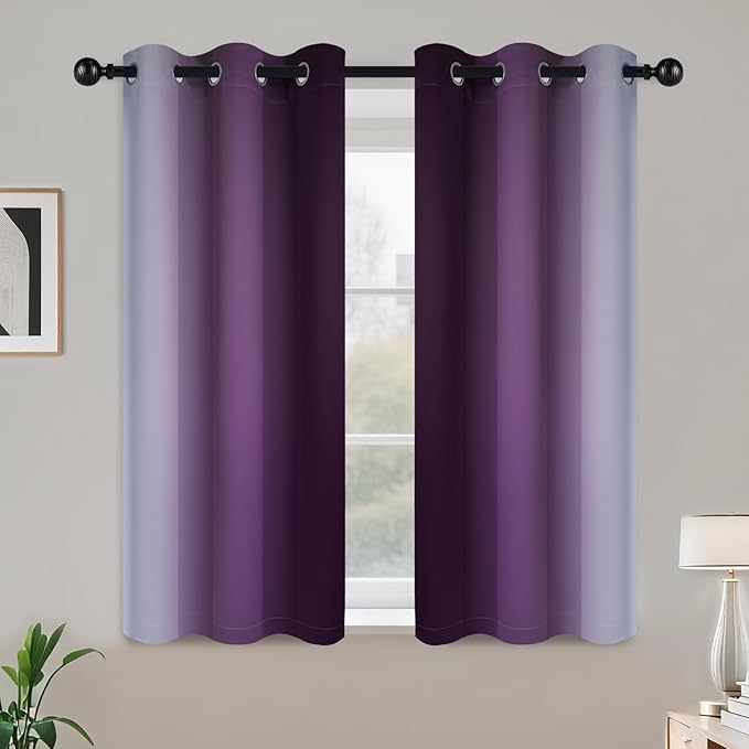 COSVIYA Grommet Ombre Room Darkening Curtains 45 inch Length, Purple and Greyish White Gradient Drapes Light Blocking Insulated Thermal Window Curtains for Bedroom/Living Room,2 Panels,42x45 inches