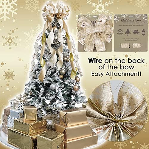 MEEDEE Champagne Christmas Tree Topper - 12" Wide Velvet Champagne & Gold Bows (1 Pack) - Image 3