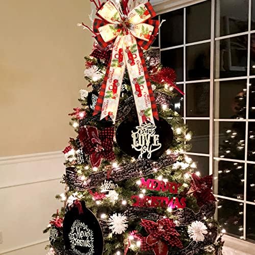 Christmas Tree Topper Bow with 30 LED Lights Decorations, 13?€?x25?€? Xmas Large Red Black Buffalo Plaid Rustic Farmhouse Wreath Bows with Truck Berries Pine Cones Pine Needles for Front Door Outdoor - Image 2