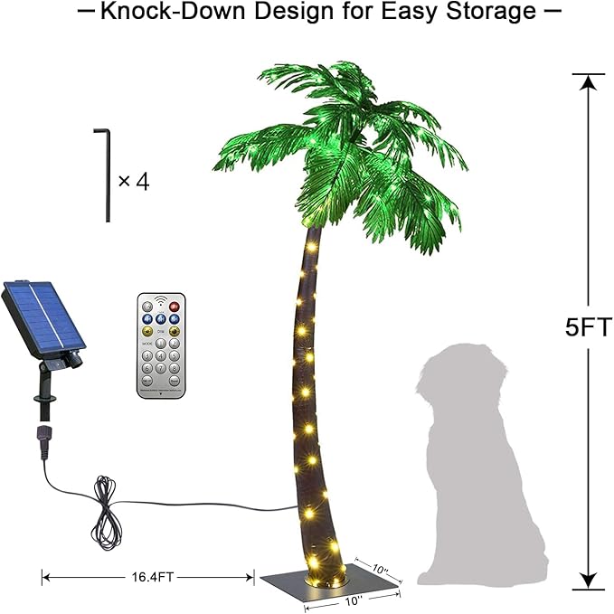 LIGHTSHARE Lighted 5FT Solar Palm Tree Artificial Palm Tree 96LED Lights for Office Decoration Outdoor and Indoors Tiki Bar Christmas Patio Pool
