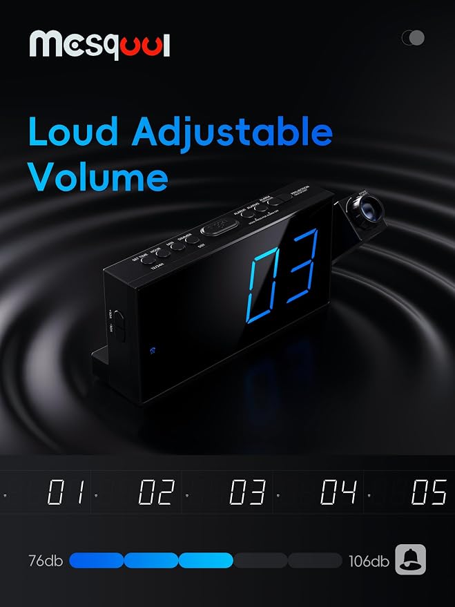Mesqool Projection Alarm Clock with Loud Bed Shaker, Dual Alarms | 5-level Dimmer, USB charger, Snooze & DST, Loud Vibrating Alarm with Battery Backup, Perfect for Heavy Sleepers - Image 6