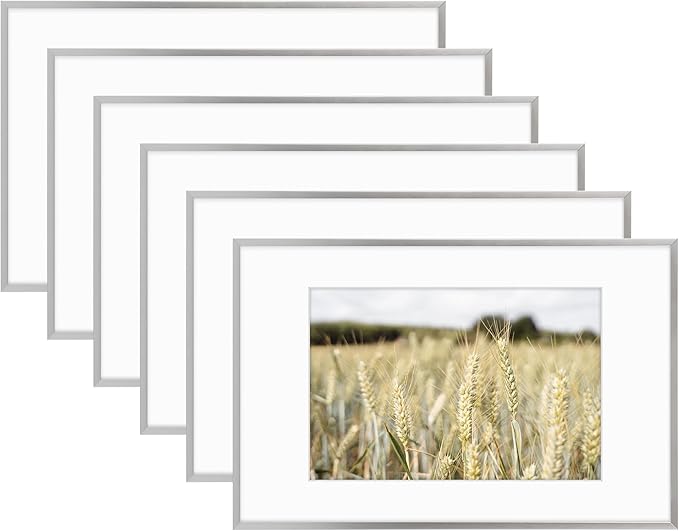 Golden State Art 11x17 Picture Frame 6 Pack - Modern Silver Aluminum Photo Frames With 8x12 Mats and Real Glass Cover - Elegant Minimalist Wall Gallery Frames for Home or Office Decor