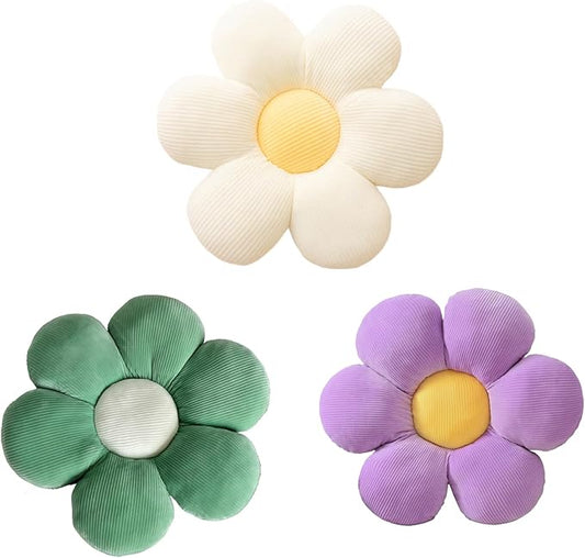 CANGHI 3Pcs Flower Pillow - Flower Shaped Throw Pillow Seating Cushion, Cute Daisy Flower Pillow Floor Pillows for Adults Kids Home Bedroom Sofa Chair Couch Decor (White/Green/Purple, 15.74 in)