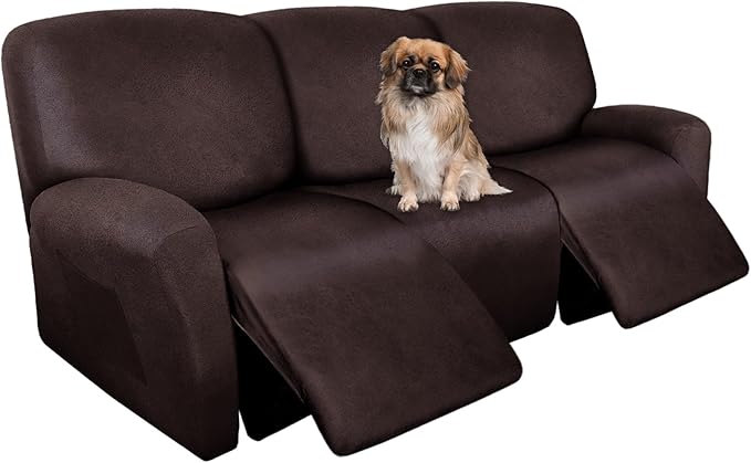 ANARACHON Recliner Couch Cover Leather Look Recliner Sofa Covers for 3 Cushion Reclining Sofa Slipcovers 8-Pieces Furniture Protector Spandex Fabric Washable (3 Seater, 01 Chocolate)