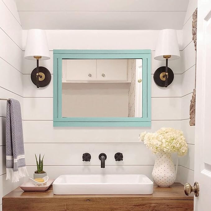 AAZZKANG Rectangle Wall Mirror with Wood Framed Modern Hanging Mirrors Decor for Bedroom Bathroom Living Room Entrance Green Large 20"x16"